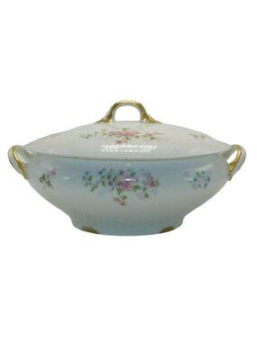 P.L. Limoges France Covered Tureen Pink Blue Floral Green Accent Gilded Details